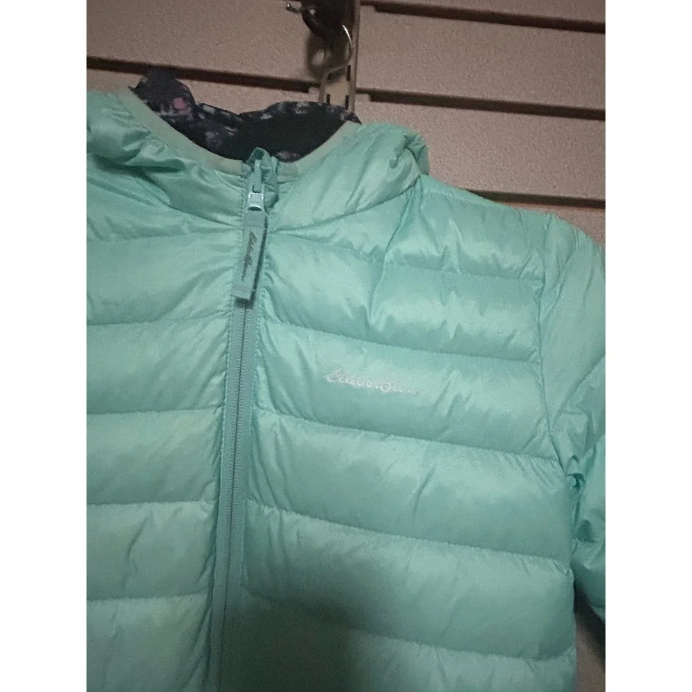 Eddie Bauer Kids Reversible Down Puffer Jacket Aqua Mint Floral Size S 7/8